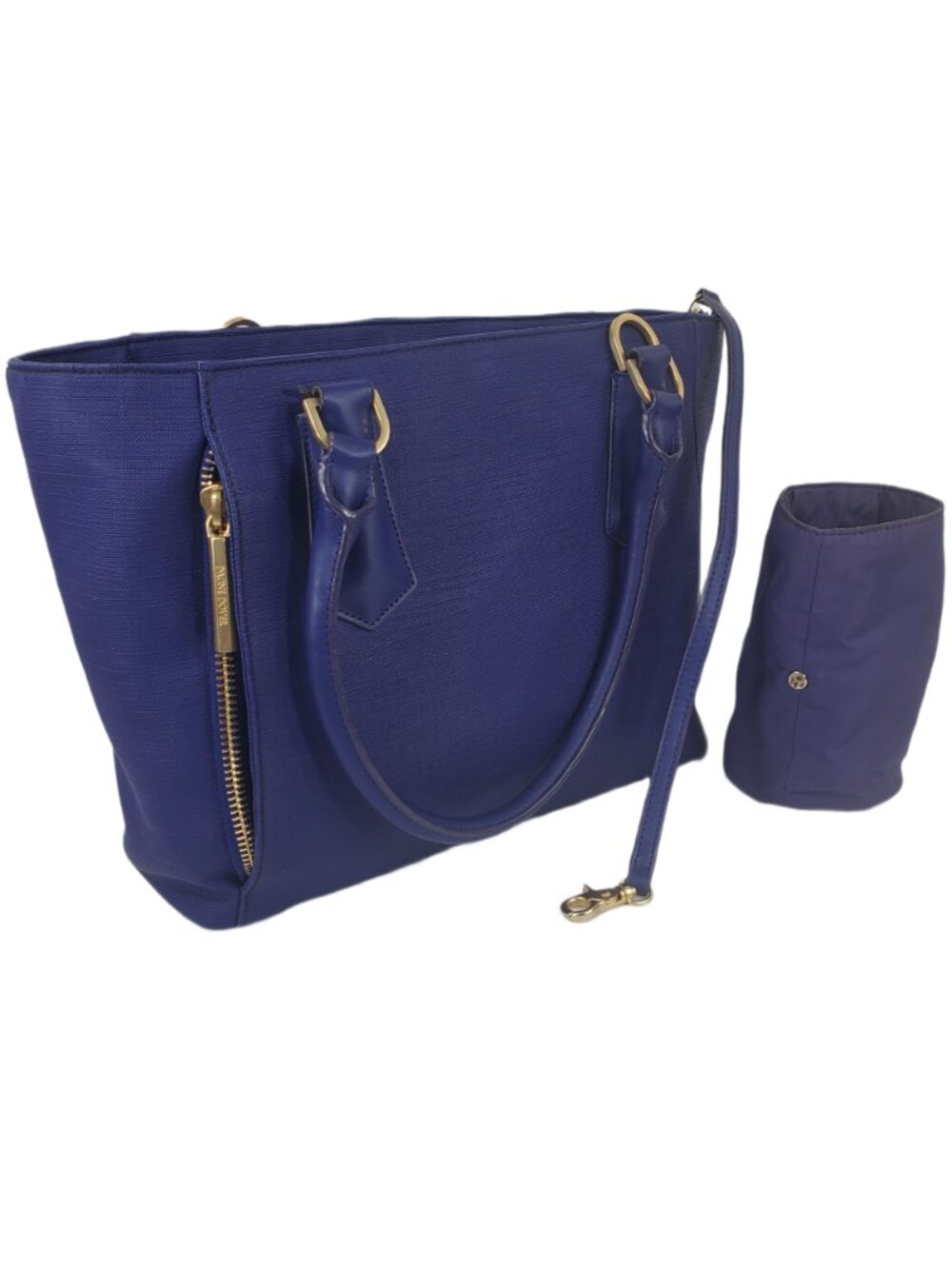 DAGNE DOVER Signature Tote Blue Coated Canvas Work Bag Key Leash Bottle Holder
